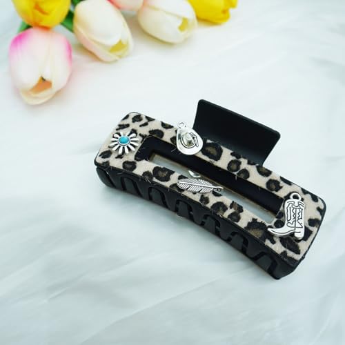 Large Turquoise Western Hair Claw Clips Blue Stone Metal Hair Hair Clips Nonslip Hair Accessories for Women Thick Hair Flower,Silver (Leather-Brown)