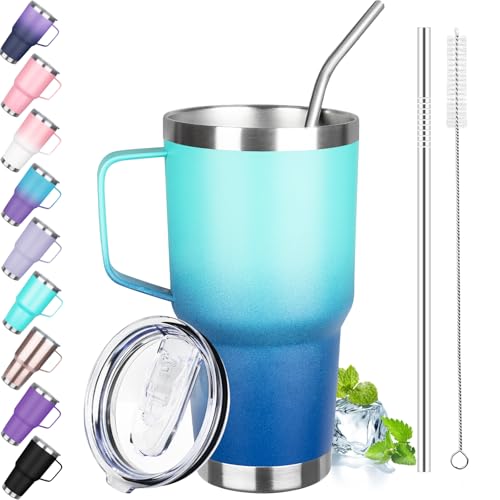 Image of 30 oz Tumbler with Handle, Stainless Steel Insulated Tumbler with Lid and Straw, Double Wall Vacuum Insulated Coffee Mug Tumbler, Insulated Coffee Thermal Cup for Cold and Hot (Light Dark Blue)