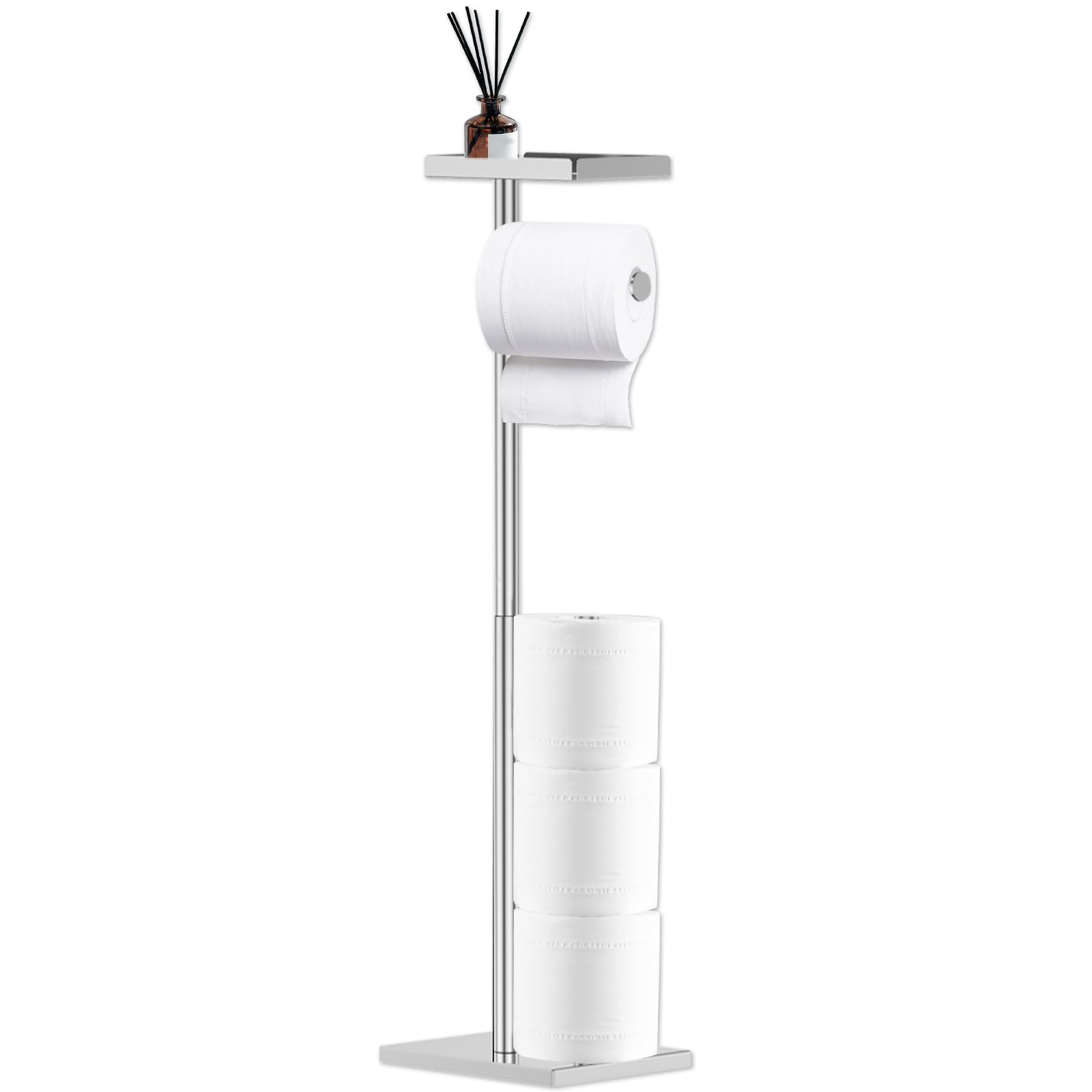 Lulobtg Silver Toilet Roll Holder Free-Standing With Top Shelf Stainless Steel Toilet Paper Holder Stand Bathroom Toilets Paper Dispenser Holds 4 Rolls