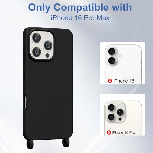 Yxnvixn Crossbody Lanyard Case for iPhone 16 Pro Max, Liquid Silicone Shockproof Protective Mobile Phone Cover with Strap Adjustable Neck Cord Necklace TPU Soft Shell for iPhone 16 Pro Max, Black