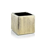 WGV Ceramic Cube Vase Width 4' Height 4' (Fits 3' Pot) Elegant Modern Block Square Floral Planter Terrarium Container Table Dresser for Event Accent Home Office Decor Gold Textured 1 Piece