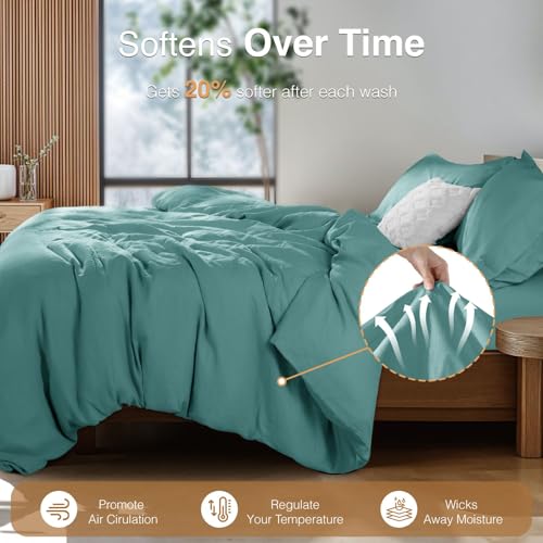 SONORO KATE 100% French Linen Duvet Cover Queen Size, Soft Breathable for Hot Sleepers, Moisture Wicking & Durable Cover Set - Zipper Closure & 4 Corner Ties Duvet Covers 3 Piece (Aqua,Queen)