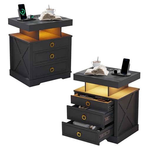 HNEBC Night Stand Set 2 with Gun Drawers, Farmhouse Nightstand with Charging Station, Smart End Table with 3 Colors Auto Lights, Bedside tabel with Hidden Compartment,Bedroom Set (2-Black) 9