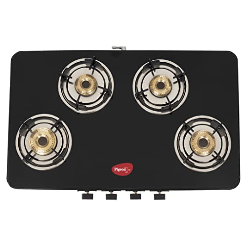 Pigeon by Stovekraft Sleek 4 Burner Ultra Slim Gas Stove with Glass Top, Tempered Glass, Manual, Black