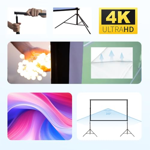 Pantalla de proyector portátil y soporte, pantalla 16:9 widescreen 4K HD sin arrugas con ángulo de visión de 160°, para cine en casa, fiestas al aire libre e interiores (100in/16:9) miniatura 4