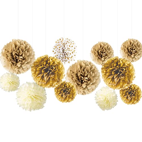 YESON White Gold Champagne Tissue Paper Pom Poms Hanging Tissue Flowers Poms Decorations Pack of 12 for Wedding, Birthday, Baby Shower ï¼ŒParty Backdrop Decor ect. (12\", 10\", 8\" Tissue Paper Flowers)