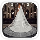 Unsutuo Wedding Veil Bridal Cathedral Veil 1 Tier Drop Veils with Hair Comb for Brides, 118 Inches (Sparkling White)