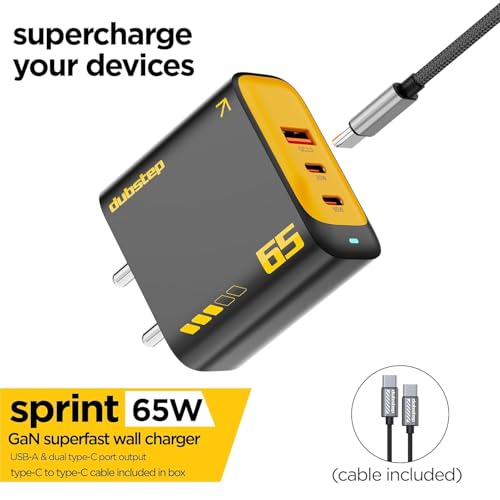 Image of Dubstep Sprint 65W GaN Superfast Wall Charger with Type-C to Type-C Cable, 65W Output Compatible with MacBook & Type-C Laptop Charging, iPhone, Samsung, OnePlus, Nothing (Black /Yellow)