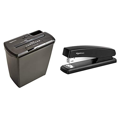 AmazonBasics 8-Sheet Strip-Cut Paper, CD and Credit Card Home Office Shredder & 10-Sheet Capacity, Non-Slip, Office Stapler with 1000 Staples, Black