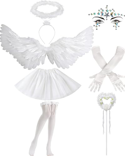 Vivrerizo White Angel Wings Set - 7 Pcs Angel Costume Women White Wings Halo Headband Magic Wand Stockings Gloves Skirt and Face Stickers for Cosplay Halloween Renaissance Party