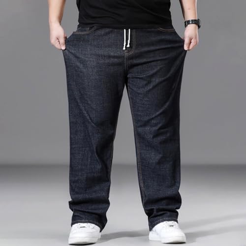 Men Casual Straight Leg Denim Pants, Classic Elastic Waist Drawstring Sports Jean Pants Stretch Loose Trousers with Pockets 5