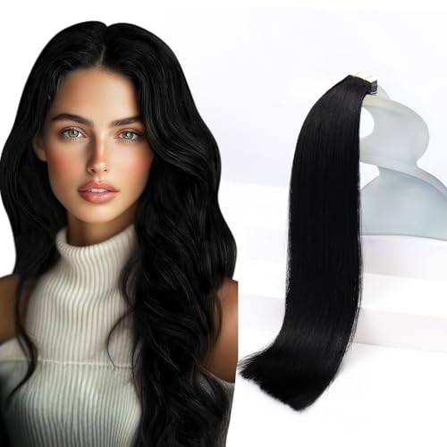 Sunny Hair Tape in Hair Extensions Real Human Hair Invisible Remy Hair Extensions Tape ins for Women Jet Black 28 inch 20Pcs 50G