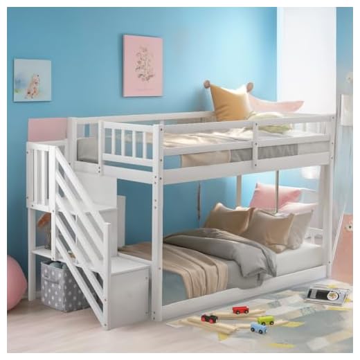 SOFTSEA Low Bunk Bed with Stairs for Juniors, Kid's Solid Wood Twin Over Twin Bunk Beds for Boys and Girls No Box Spring Required (White)