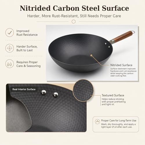 Image of WANGYUANJI Lightweight Carbon Steel Wok Pan with Lid, 12.6 inch Flat Bottom Stir Fry Wok for Induction, Electric & Gas Stoves, 2.9 lb Wok Body, Pre-Seasoned Nitrided Wok, No Chemical Coating