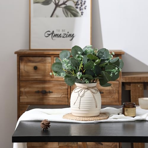 Artificial Eucalyptus in Vase, Fake plants for home decor, Ceramic White Vase with Greenery, Faux Decorative Plants, 20pcs Indoor Fake Eucalyptus Stems for Centerpiece Farmhouse Mantle Decor - Image 5