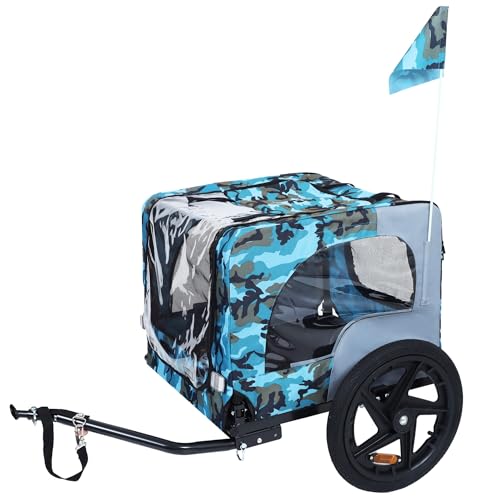 BKNROIHB Outdoor Heavy Duty Collapsible Pet Bike Trailer with 16-Inch All-Terrain Wheels & Universal Hitch(Blue+Grey)