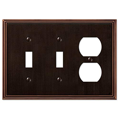 Image of Amerelle 77TTDDB Metro Line Wallplate, 2 Toggle / 1 Duplex Outlet, Cast Metal, Aged Bronze, 1-Pack