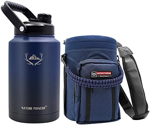 NATURE PIONEOR 128OZ Vacuum Insulated Water Bottle Set with Carrying Holder, 18/8 Food Grade Stainless Steel One Gallon Jug, Beer Growler with Carrier Pouch for Outdoor Camping Hiking