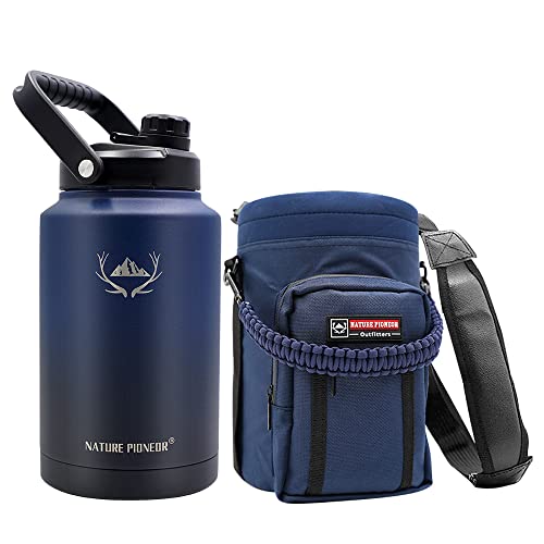Nature Pioneor 128Oz Vacuum Insulated Water Bottle Set With Carrying Holder, 18/8 Food Grade Stainless Steel One Gallon Jug, Beer Growler With Carrier Pouch For Outdoor Camping Hiking #TOP12