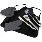 PICNIC TIME NCAA Rhode Island Rams BBQ Apron Tote Pro Grill Set, Heavy Duty BBQ Apron for Men with BBQ Accessories, Cooking Apron with BBQ Tools, (Black with Gray Accents)