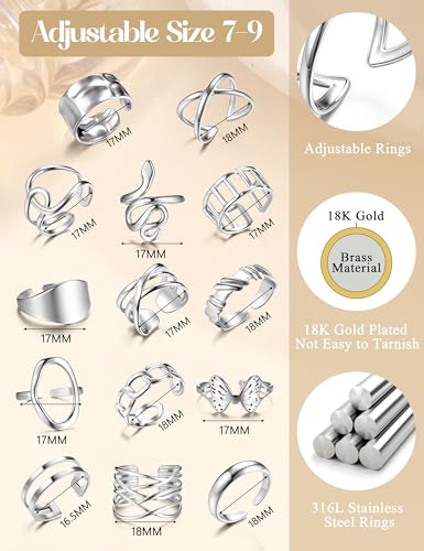 LOLIAS 16 Stück Ringe Silber Damen Edelstahl Ring Verstellbar Offene Daumen Knöchel Ringe Silber 925 für Frauen Minimalistischer Rings Set Silberringe Fingerringe Damenring Ring Schmuck Damen