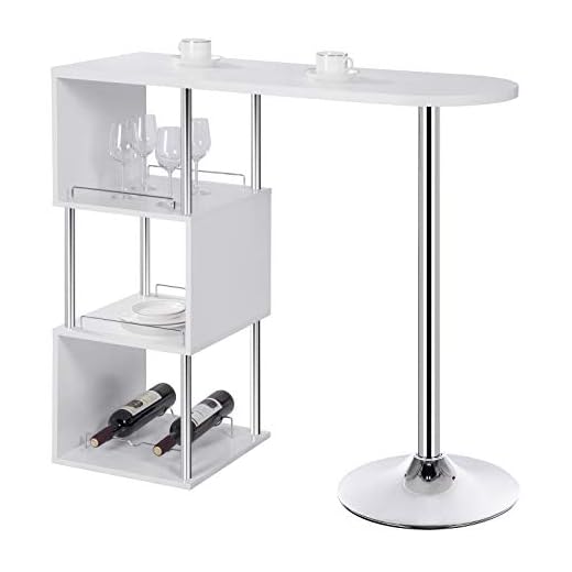 WOLTU Mesa de Bar Mesa de Bistro Mesa de Comedor con Tres Rejillas Estructuras para Vino, Metal, MDF 113x40x105cm(BxTxH) Blanco BT22ws