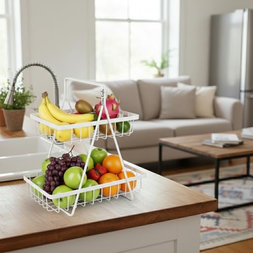Image of 2 Tier Metal Fruit and Vegetables Basket with Handle | Fruit Vegetables Snacks and Bread Organizer for Kitchen, Dining Table, Livingroom | Bathroom Countertop Stand (Design 2 - White)