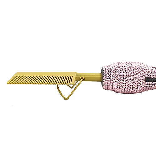 Diamond Handle Electric Hot Comb Hair Straightening Heat Pressing Comb Multifunctional Copper Hair Straightener Brush- Straightening Comb (Pink) #TOP4