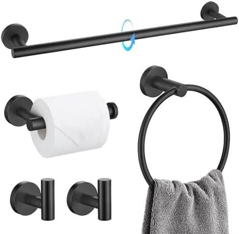 TQKAG Matte Black Bathroom Hardware Set 5 Pieces, SUS304 Stainless Steel Towel Bar Set Round Bathroom Towel Rack Set Wall Mounted TQKAG Matte Black Bathroom Hardware Set 5 Pieces, SUS304 Stainless Steel Towel Bar Set Round Bathroom Towel Rack Set Wall Mounted