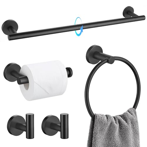 TQKAG Matte Black Bathroom Hardware Set 5 Pieces, SUS304 Stainless Steel Towel Bar Set Round...