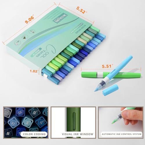 Image of ROSYMENG Green Blue Art Markers: 36 Colors Acrylic Paint Pen Set with Soft Brush Tip, Straight Liquid Quick-Dry Design, Drawing Supplies for Adult Coloring Books, Rock, Wood, Glass, Fabric