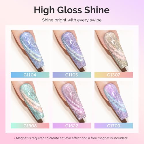Image of MelodySusie Glitter Cat Eye Gel Nail Polish Set 6 PCS, 15ml 0.5 Fl Oz Holographic Magnetic Nail Polish with Magnet, UV Nail Polish for Nail Art Manicure Salon DIY at Home