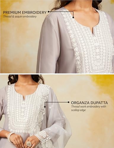 Image of Amazon Brand - Myx Women Kurta Pant Set with Embroidered Organza Dupatta | Viscose,Rayon | A-line fit (Available in Plus Sizes)