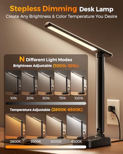Image of Airlonv LED Desk Lamp for Office Home, Power Strip with 3 Outlets 4 USB Charging Ports(2 USBC), 4 Modes 5 Level Brightness Desk Light, Small Desk Lamp for College Dorm Room Essentials