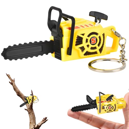 KNDSDRY Mini Chainsaw Keychain with Pullable Rope - Realistic Outdoor Tool Pendant Stress Relief Bag Accessory Gift for Men (Yellow)