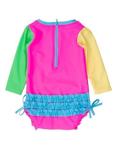 Image of RuffleButts Baby Girls UPF 50+ Sun Protection Floral Printed Long Sleeve One Piece Rash Guard Swimsuit with Zipper
