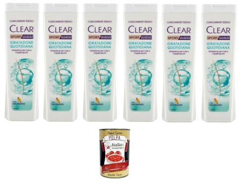 Clear Sport Champú anticaspa, hidratación diaria para cuero cabelludo seco y cabello seco, 6 x 225 ml + Polpa italiana Gourmet 400 g