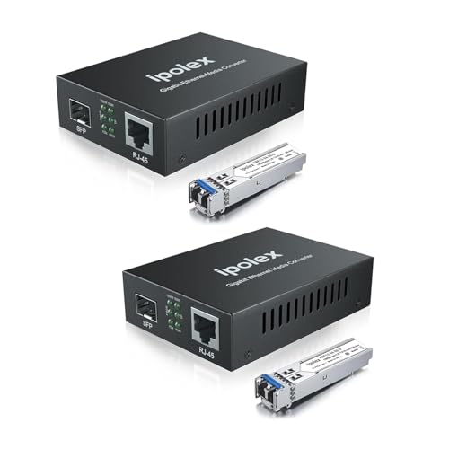 ipolex Gigabit Single Mode LC Fiber to Ethernet Media Converter with a SFP-LX Module, 1.25G Fiber to Copper RJ45 Media Converter, 1000Base-LX to 10/100/1000Base-TX (1310-nm, 20km@OS1OS2SMF). 2-Pack.