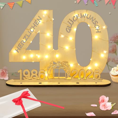 Seutgjie Deko 40 Geburtstag Frau Mann, 1986-2026 Geldgeschenke Geburtstag 40 Originelle Holz Schild Gästebuch mit LED Lichterkette für Männer Frauen Rubinhochzeit Jubiläum Tischdeko