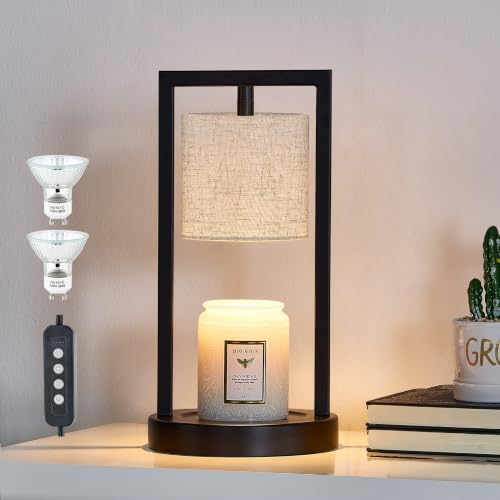 Candle Warmer Lamp With Timer, Black Lamps Linen Fabric Shade, 3-Level Dimmable Light Wax Melt For Scented Wax, 35W Electric Women Home Decor (2 Bulbs Included)