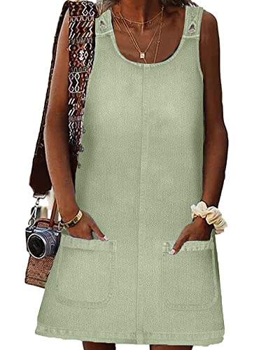 BZB Women's Sleeveless Casual Denim Dress Crewneck Vintage Loose Jean Overall Dress with Pockets