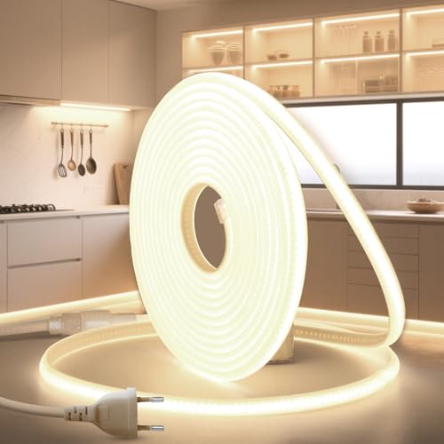 BRIMETI Ruban LED COB 2M 220V Blanc Naturel 4000K Exterieur Bande Imperméable Etanche Ip65 320LEDS/M Flexible Recoupable Néon Ruban LED pour Intérieur et Extérieur Cuisine Chambre Maison Escalier