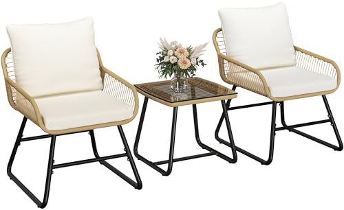 Yaheetech 3-teiliges Poly-Rattan Bistroset Bistrotisch mit 2 Stühlen Gartenmöbel Set Balkonmöbel Kleiner Balkon Lounge Möbel Outdoor, Hellbraun & Cremeweiß