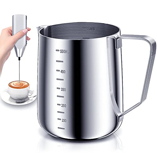 Listado de Jarritas para la leche los preferidos por los clientes. 44 SKM-MX Jarra para Espumar Leche 550ml Jarra de Leche de Acero Inoxidable Medidas en Ambos Interiores para Espumar Café Espresso y Leche Máquinas de Café Espresso(550ml con...