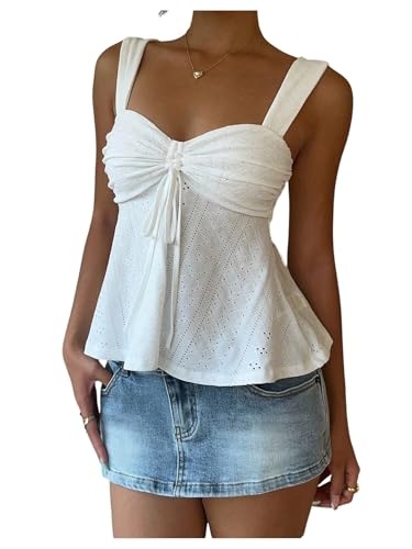 Milumia Womens Eyelet Tie Front Ruched Tank Tops Y2k Drawstring Sexy Going Out Top White Small