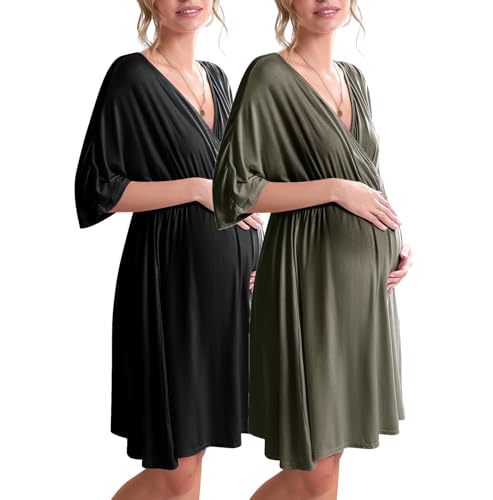 Image of Ekouaer 3 in 1 Labor/Delivery/Hospital Gown 2 Pack Maternity Dress Nursing Nightgown Sleepwear