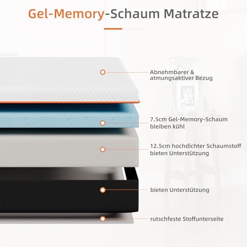 Vesgantti Schaummatratze, ergonomische Matratze Gel-Memoryschaum Matratze mit Abnehmbarer Bezug, Härtegrad H2 & H3 Öko-Tex Zertifiziert (weiß-20CM, 90 x 200cm)