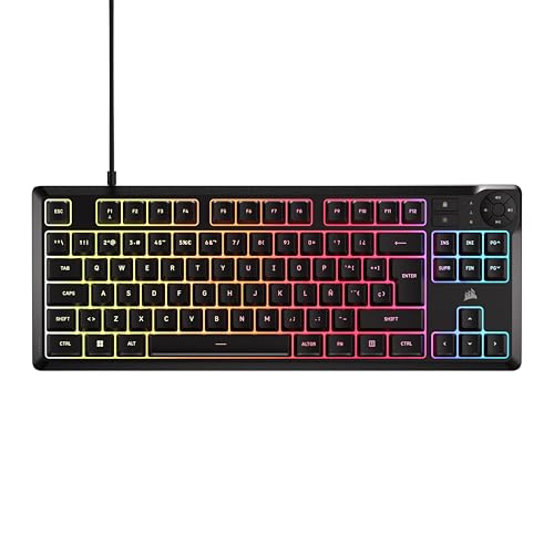 Corsair K55 Core TKL Teclado Gaming RGB – Tenkeyless, 8 Zonas de RGB, Teclas Silenciosas de Membrana, Resistente a Derrames, Controles Multimedia, Sondeo 1000Hz – Diseño ES – Negro