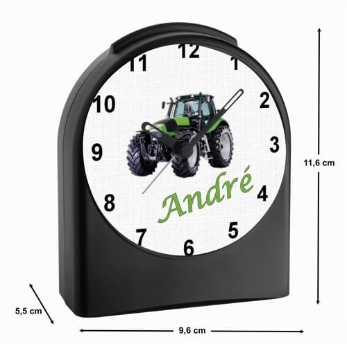 Analog Kinderwecker personalisiert mit (Wunsch) Namen, Kinder Funkwecker ohne Ticken und mit Licht/Beleuchtung, Schulanfang, Motiv Moitv Traktor