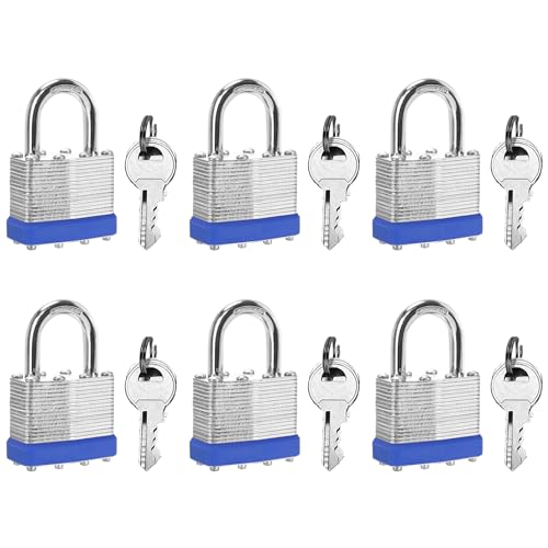 HZSY Keyed Alike Laminated Steel Padlocks, (40mm) Wide?6 Pack Normal Shackle Padlock?Blue Hoop?for Gym Locker & StorageUnit or More